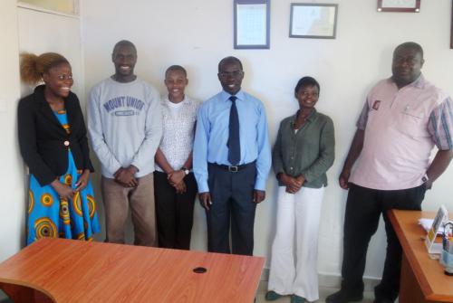 Eustache from GCC visit to Upward Bound Kenya Office. from left is Lucy -Muchende(UB), Simon- Odero(UB), Christine -Muli(UB), Munaweza -Muleji (UB), Emmily- Misango(UB) and Eusache- Akpane(GCC).